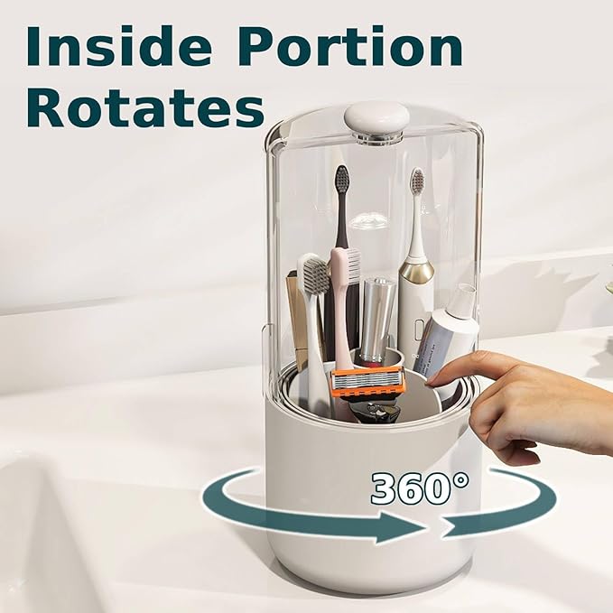 YOOLENS Toothbrush Holder with Cover 360 Rotating 4 Compartments Bathroom Toothpaste Electric Toothbrush Organizer, White