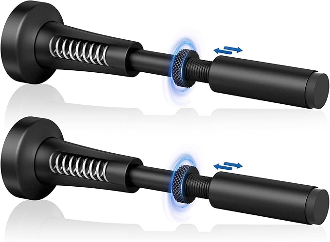 2pcs Adjustable Spring Door Stops, 4.17-5.35in Aluminum Long Door Stoppers with Silicone Tip, Matte Black Door Stop for Bottom of Door, Screw & Adhesive Installation, Black
