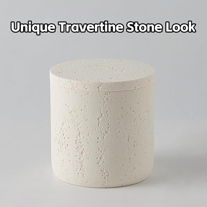 Bathroom Accessories Set, Travertine Stone-Look, 6 PCS Bathroom Accessory Set with Soap Dispenser, Toothbrush Holder, Tumbler, Vanity Tray, Cotton Swab Jars for Countertop (Off White 6 PCS)