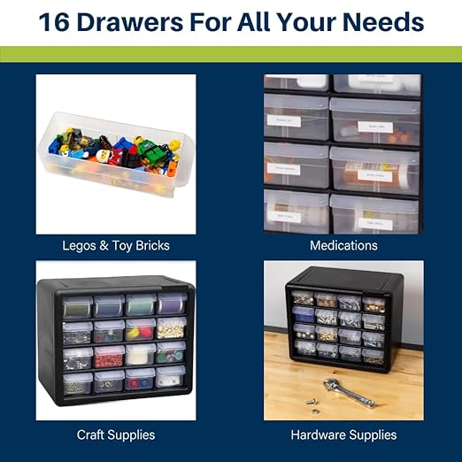 Akro-Mils 16-Drawer Plastic Storage Cabinet | 10-1/2 x 6-1/2 x 8-1/2 Inch | Black | Model 10116 | Garage Organization