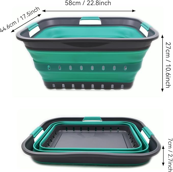 SAMMART 42L (11 gallon) Collapsible Plastic Laundry Basket - Foldable Pop Up Storage Container/Organizer - Portable Basket - Space Saving Hamper/Basket (2, Grey/Turquoise Blue)