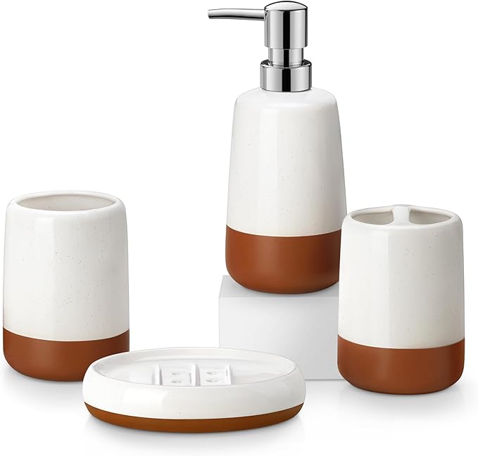MALACASA Ceramic Bathroom Accessories Sets, 4 PCS,Soap Dispenser, Toothbrush Holder, Toothbrush Cup and Soap Dish, Durable Bathroom Sink Set for Modern Home Decor,Gift Set, Khaki White
