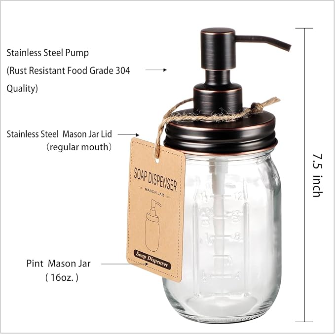 Amolliar Mason Jar Liquid Soap Dispenser, Rustproof Stainless Steel Replacement Pump Lid, Cute Farmhouse Decor for Kitchen, Bathroom, Refillable Hand Soap, Dish Soap, Lotion Soap, Rubbed Bronze-2 Pack