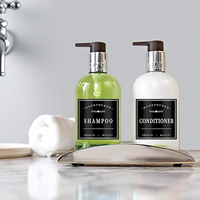 12PCS Bathroom Labels for Soap Dispenser, Removable Bathroom Organization Labels, Waterproof Bottle Labels for Shampoo Conditioner Body Wash (Black)