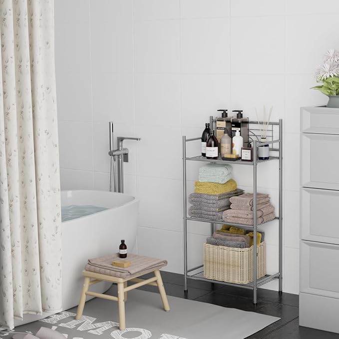 LEEDA 3-Tier Metal Shelving Unit, Sturdy Bathroom Storage Shelf & Free Standing Towel Rack with Adjustable Feet, Open Floor Shelves for Small Space in Bathroom, Kitchen, Office, Silver-Gray