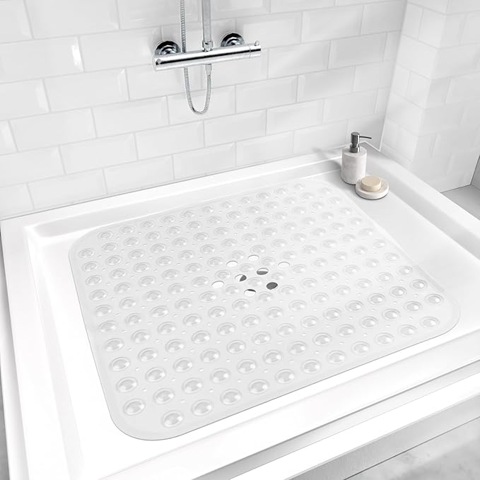 AmazerBath Shower Mat Non Slip 21 x 21 Inches, Square Shower Mat with Suction Cups and Drain Holes, Shower Stall Mat Machine Washable (Clear)