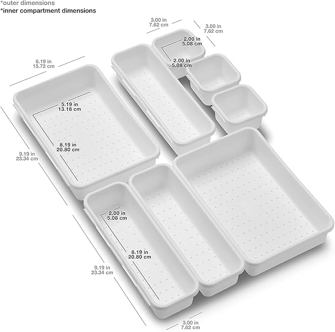 madesmart Premium 8 Piece Interlocking Bin Pack, Modular Drawer Organizer Set for Office Supplies, Tools & Household Items, Durable Non-Slip Design, White