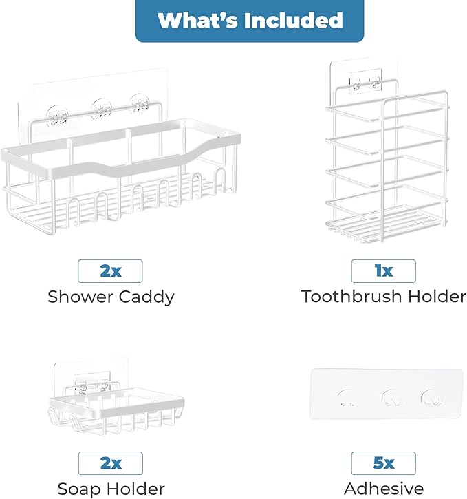 Fab Glass and Mirror shower caddy Bathroom shower organizer (White, Pack of 5)