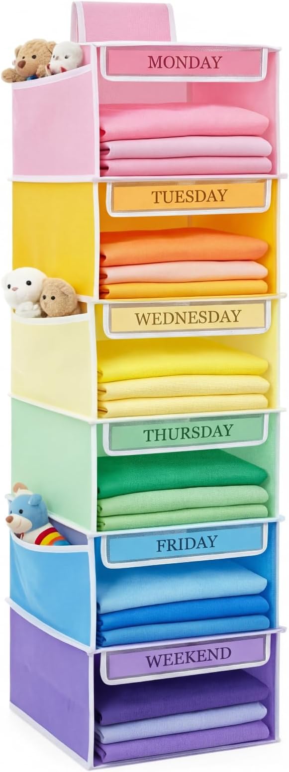 Colarr Hanging Closet Organizer and Storage, 6 Shelf Weekly Clothes Organizer Daily Clothing Organization Labeled Shelves with Days and Color Labels for Home School Clothing Storage