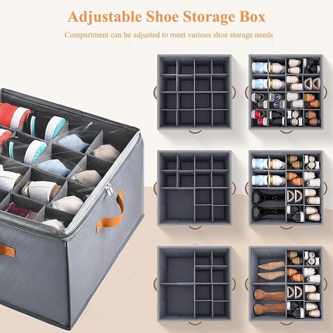 Foldable Shoe Organizer Box for Closet & Under-Bed, Adjustable Dividers, Holds up to 16 Pairs, Stackable, Gray with Clear Cover & Leather Handles, 17x17x12 inch