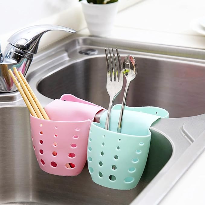 TXIN Sink Hanging Drain Basket, Double Sponge Sink Holder Silicone Kitchen Gadget Storage Organizer (Grey)
