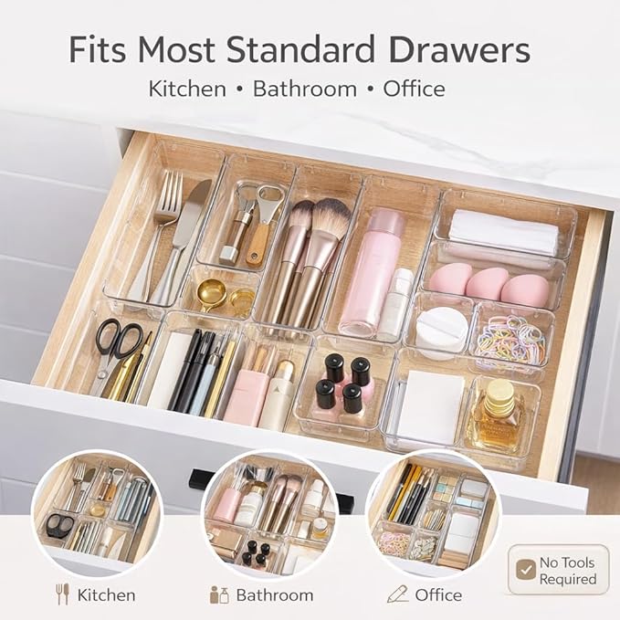 Bathroom Drawer Organizer Trays 13 Piece Clear Drawer Organizer Set, Plastic Organizer Bins for Bathroom, Makeup, Kitchen & Office, Modular In-Drawer Storage System