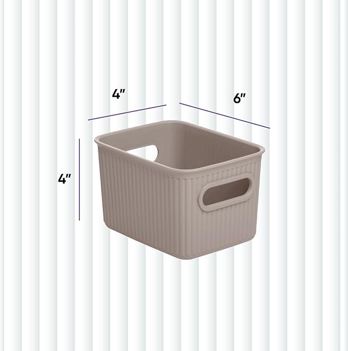 Decorative Plastic Basket Open Home Storage Bins Organizer Baskets, Small Taupe (6 Pack) Container Boxes for Organizing Closet Storage Bins for Shelves Drawer Shelf - Ribbed Collection 1.5 Liter