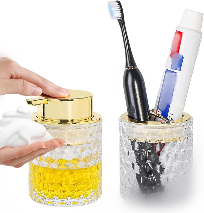 Clear Bathroom Accessories Set, 2pcs Glass Bathroom Accessory Set with Foam Soap Dispenser and Toothbrush Holder, Gold Foaming Soap Dispenser and Tooth Brush Holder for Brushes, Toothpaste