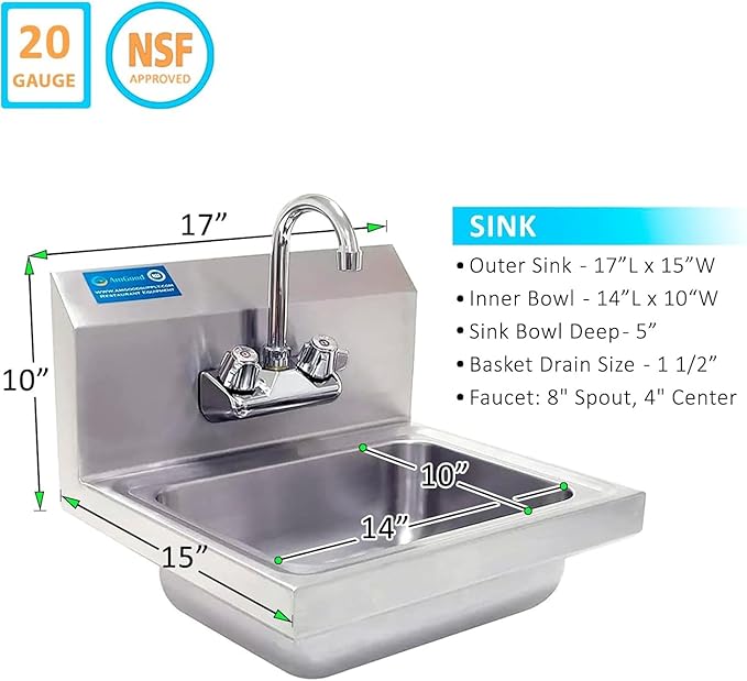 Commercial Hand Wash Sink – 15" x 17" Wall Mounted Stainless Steel Basin with | NSF Certified