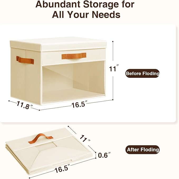 Large Storage Bins with Lids - 6 Pack Foldable Decorative Organizers with Clear Windows & Handles, Cube Storage Organizers for Clothes, Blankets, Sweaters, CD, Beige