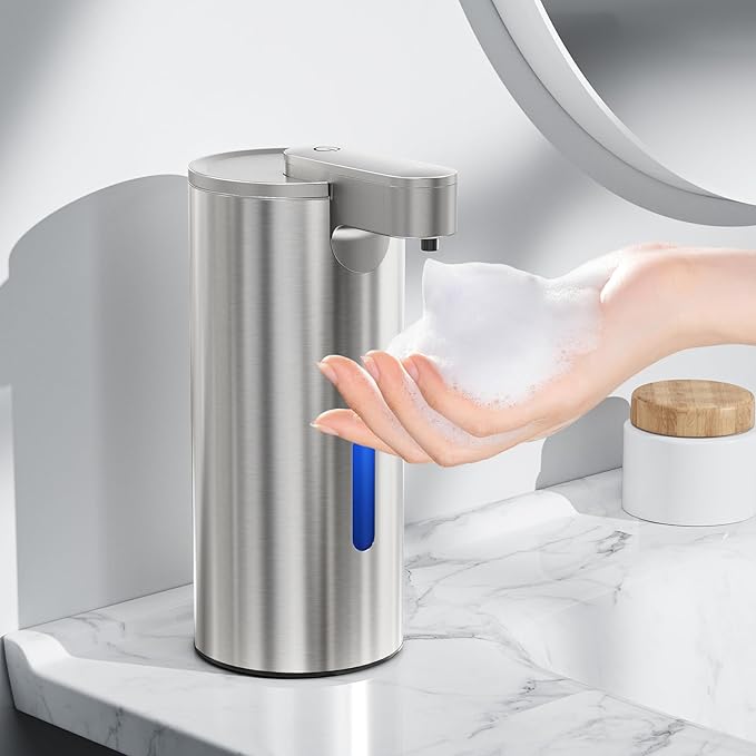 Automatic Foaming Soap Dispenser Touchless, Stainless Steel 11.5 oz 3 Levels Adjustable Hand Soap Dispenser with Rechargeable Sensor Pump for Kitchen & Bathroom Liquid Soap,Gray