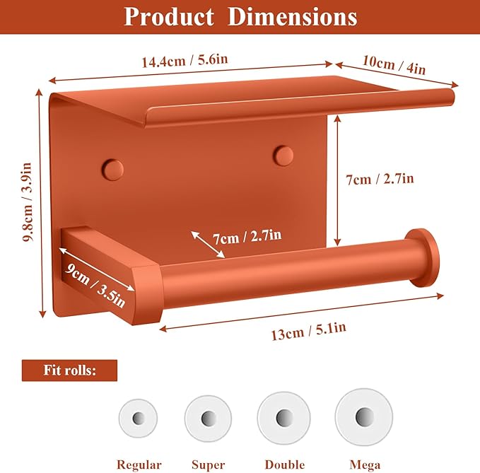 Tindbea Toilet Paper Holder with Shelf Adhesive or Screw Wall Mounted Toilet Paper Roll Dispenser Storage, Stainless Steel Bathroom Shelf Holder Accessories (Crimson)