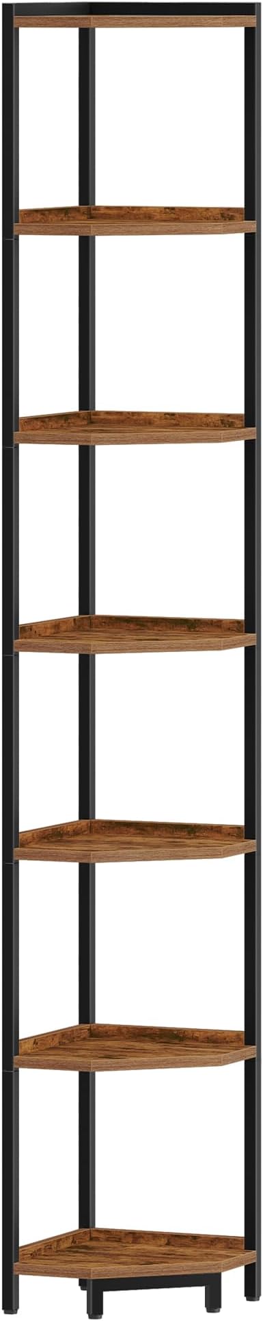 Corner Shelf Stand, Corner Bookshelf, Storage Standing Shelf Unit with Metal Frame, Plant Stand, Bookcase for Living Room, Home Office, Bedroom, 7-Tier Rustic Brown CS07001B