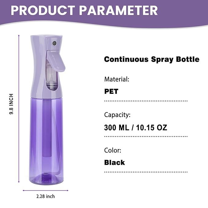 Spray Bottle for Hair (10.15OZ /300ML) Continuous Ultra Fine Mist Sprayer for Hair, Salons, Barber, Plants, Skin Care, 1 Plack Clear Purple