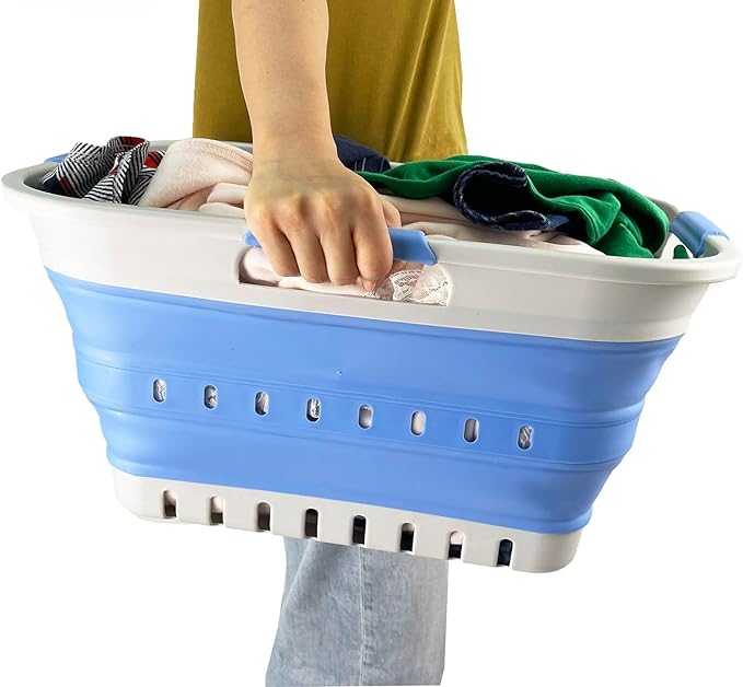 SAMMART Collapsible Plastic Rectangular Laundry Basket - Foldable Pop Up Storage Container/Organizer - Portable Laundry Hamper - Space Saving (Grey/Little Boy Blue, 30L)