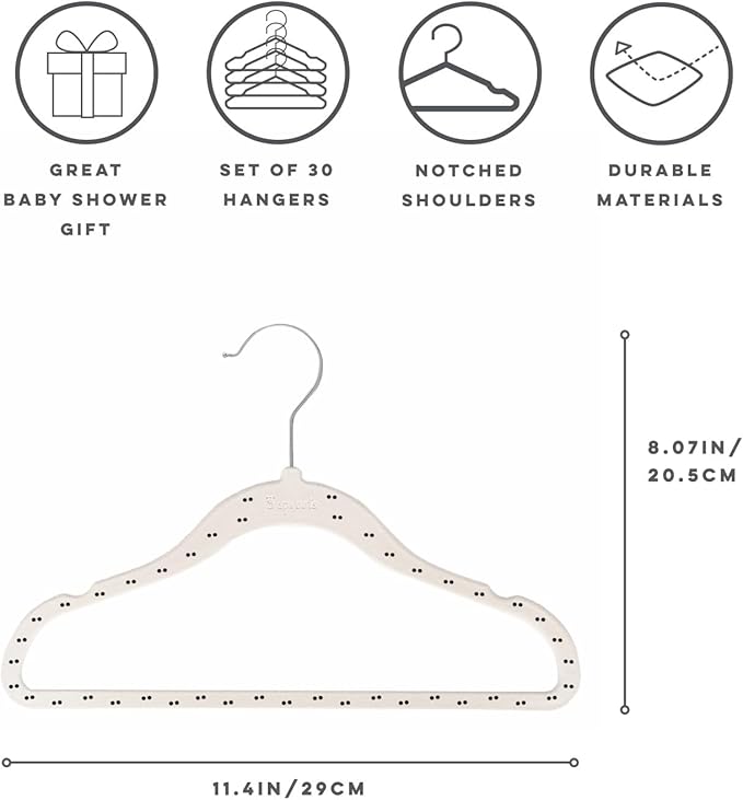 3 Sprouts Velvet Baby Hangers - Non-Slip Hanger for Infant, Toddler, Baby Clothes - Closet Kids Hangers with Slim Design, Nordic Colors, Pack of 30 - Double Dot & Beige