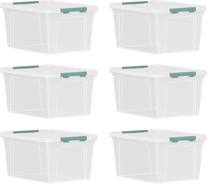 Tyminin 35 Quart Plastic Stackable Storage Container Tote with Secure Latching Lid for Home and Office Organization, Clear Box with White Lid (Pack of 6)