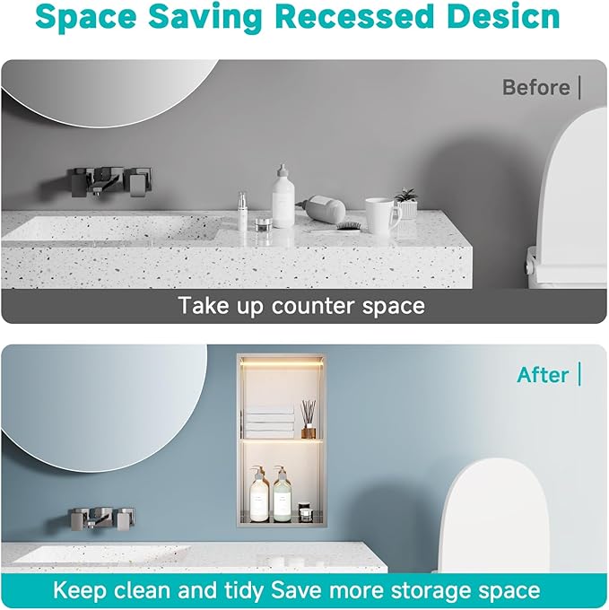 TSIBOMU Stainless Steel LED Lights Shower Niche 12"x24" - No Tile Needed Double Shelves Recessed Wall Niche for Bathroom Storage, Brushed