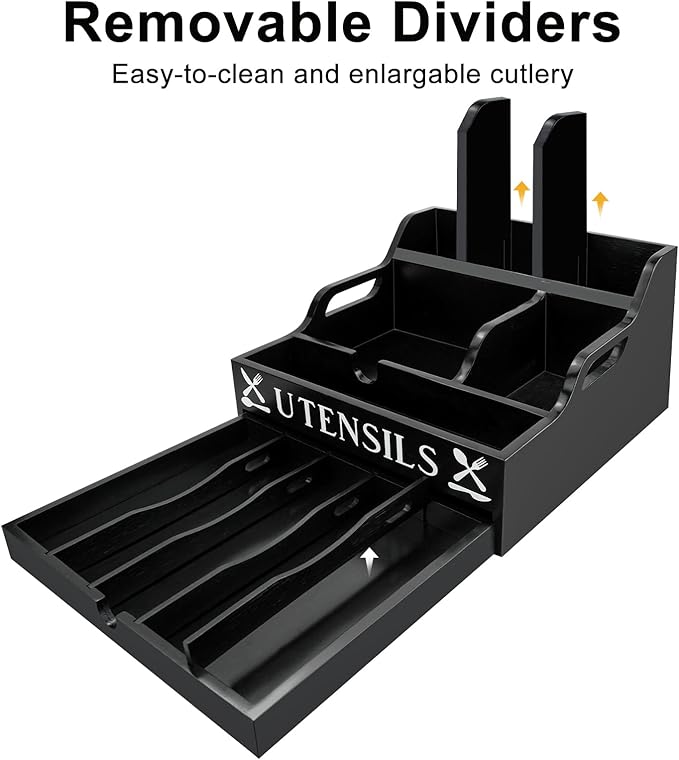 Kitchen Utensil Holder, Lagre Wooden Cooking Utensil Holder, Farmhouse Spatula Organizer, Countertop Utensil Crock for Forks Spoons Knives Kitchen Cooking Tools Storage with 11 Compartments(Black)