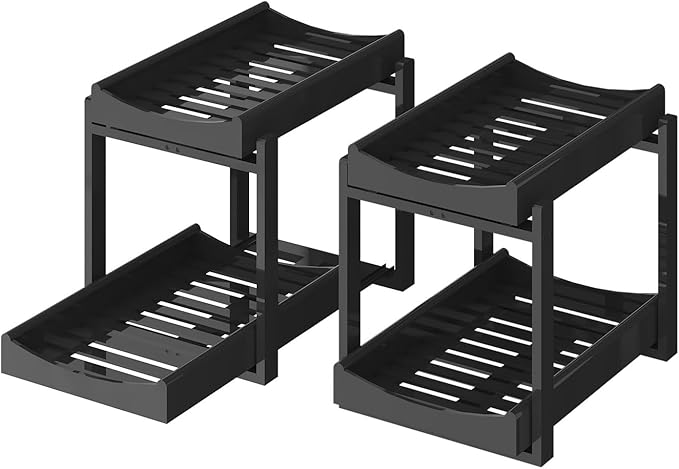 Bamboo Under Sink Organizer and Storage, 2 Pack Pull Out Cabinet Organization, 2 Tier Vertical Slide Out Undersink Storage Shelf, Multi-Purpose Organizer Shelves for Kitchen Bathroom Medicine, Black