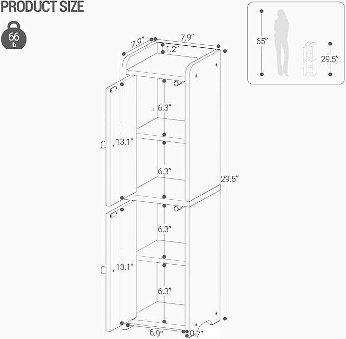 Bathroom Storage Cabinet, Small Corner Floor Cabinet with 2 Doors and Adjustable Shelf, Narrow Toilet Paper Cabinets, Bathroom Organizer for Small Spaces, 7.9"D x 7.9"W x 29.5"H Rustic Brown