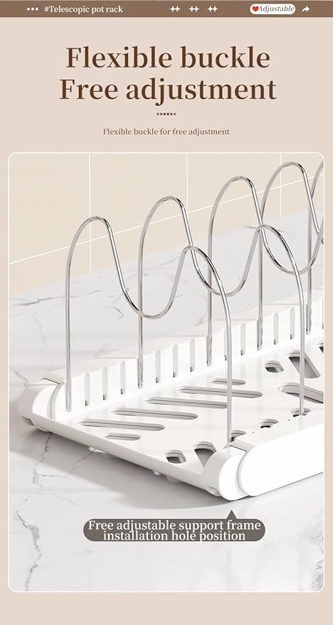 Expandable Pot Organizer with 7 Adjustable Dividers for Kitchen Cabinets, Baking Dishes, Bakeware, Pot Lids and Pantry Countertops (White)