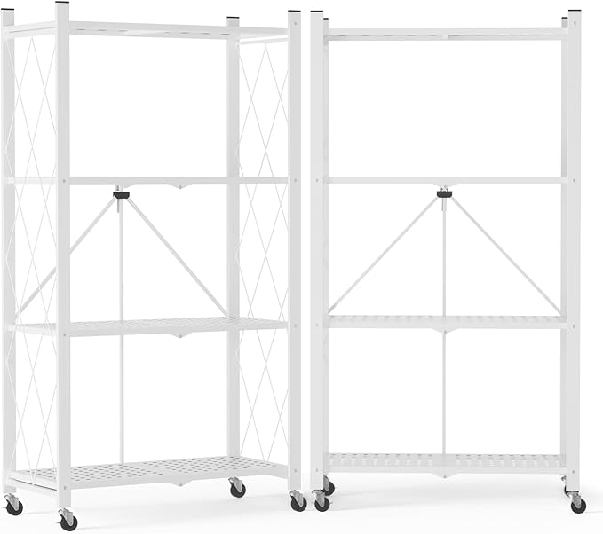 ALANNG Heavy Duty 4-Tier Folding Shelf with Wheels, No Tools Assembly Metal Storage Rack Cart, 264LBS Capacity for Kitchen, Pantry, Laundry Room, Garage, (White, 2PACK)
