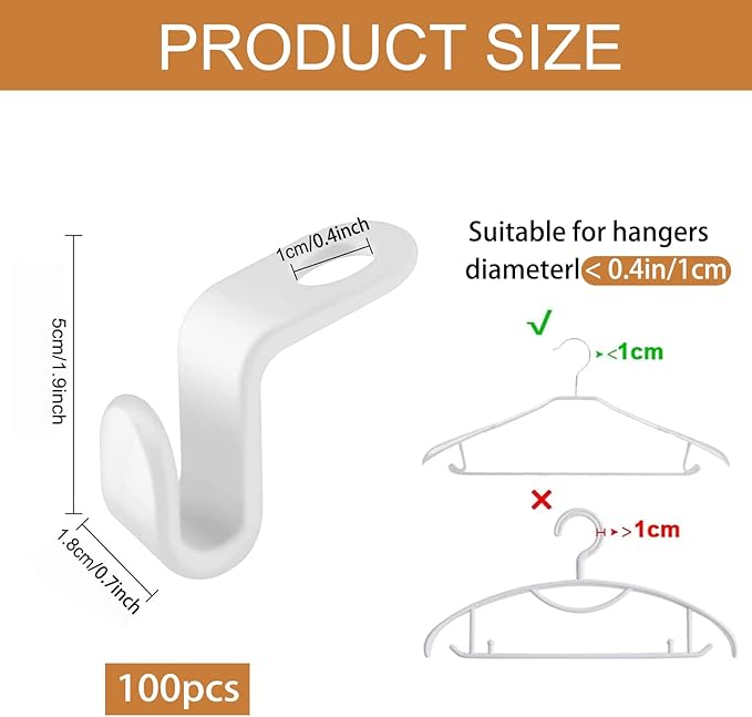 100PCS Hanger Hooks, Clothes Connector Hooks Space Saving Cascading Hangers White Closet Organizer Hanger Clips for Plastic Hangers