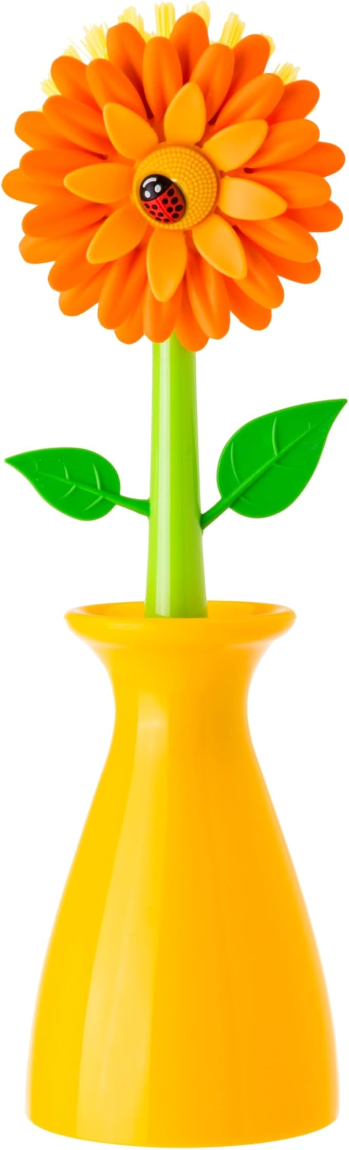Vigar Flower Power Dish Brush with Handle and Vase Dish Brush Holder, Kitchen Scrub Brush for Pot Scrubber, Dishes, and Sink Cleaning, Orange, Green