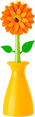 Vigar Flower Power Dish Brush with Handle and Vase Dish Brush Holder, Kitchen Scrub Brush for Pot Scrubber, Dishes, and Sink Cleaning, Orange, Green