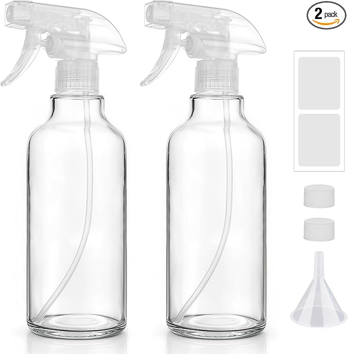 Glass Spray Bottles 16.9oz Empty Spray Bottle Mist/Stream Spraying Small Refillable Containers for Hair Care, Cleaning Solutions, Plants, Essential Oils 2 Pack (Clear, 16.9oz)
