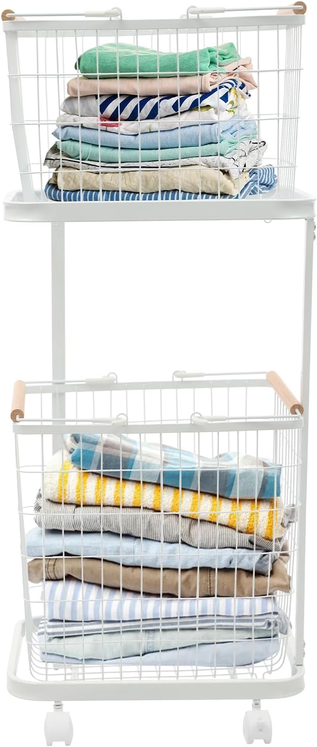 Laundry Basket with Wheels, 2 Tier Removable Wire Laundry Cart, Vertical Laundry Sorter, Rolling Hamper Dirty Clothes Hamper Organizer for Laundry Room, Bathroom, Bedroom, School (White)