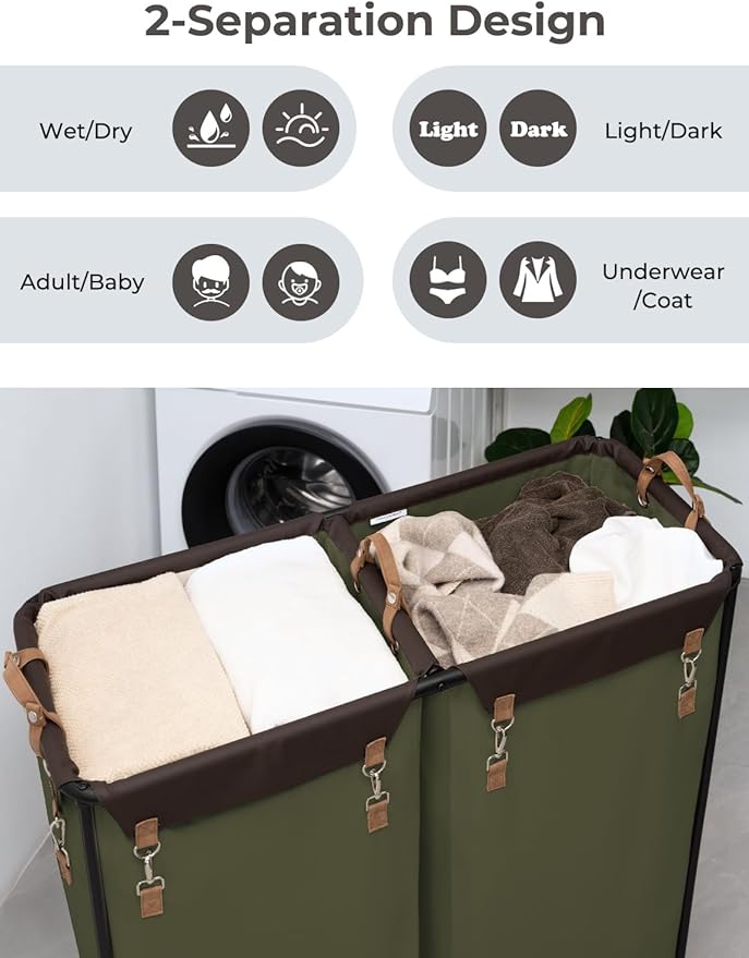 StorageWorks 390L Extra Large Laundry Hamper with Wheels, 2 Sections Laundry Basket with Wheels, Clothes Sorter Cart with Divider for Hotel, Home, Green, 37.75"L x 17"W x 37.5"H