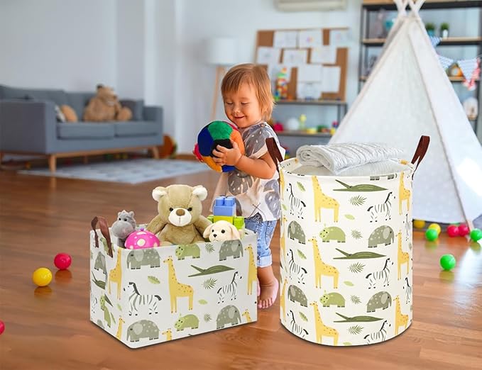 Rectangular Green Storage Basket,Collapsible Gift Basket with Handles,Kids Toys/Books Box,Room Decor(Green Animal)
