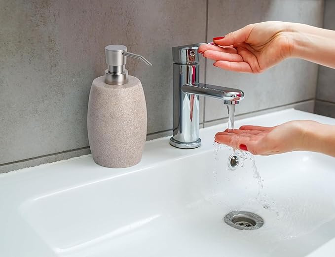 Sandstone Textured Resin Soap Dispenser with Metallic Pump and Waterproof Bottle Labels for Bathroom Kitchen Dish Hand Wash Shower Lotion Shampoo, 12 Oz, 2 Sets Beige