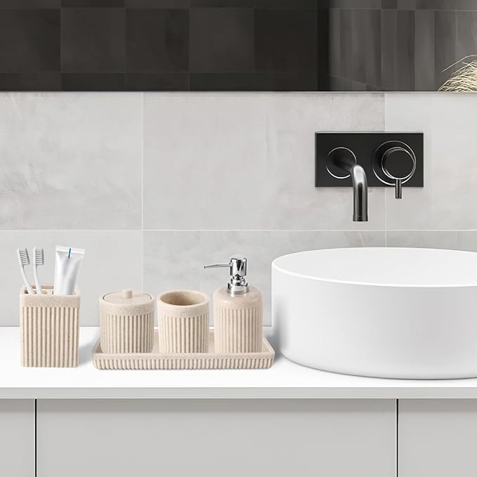 Resin Beige Bathroom Accessories Set 5 Pcs, Lotion Soap Dispenser, Toothbrush Holder, Bathroom Tumbler, Qtip Holder and Vanity Tray, Bathroom Countertop Organizer Set for Modern Home Apartment