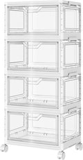 SNSLXH Portable Clear Storage Bins with Lid & Wheels, 24QT Clear Storage Bins with Lid, 4-Tier Plastic Bins with Wheels, Stackable, Magnetic Doors, for Bedroom, Living Room, Office