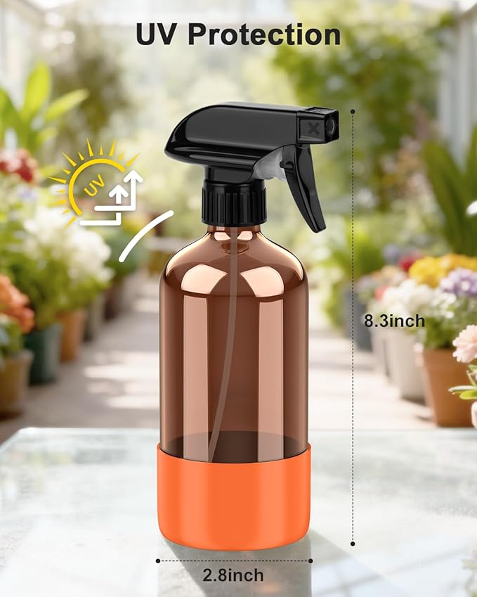 Amber Glass Spray Bottle with Silicone Sleeve Protection, 16 oz Refillable Spray Bottle for Cleaning Solutions, Plants, Aromatherapy, Facial Hydration (Orange Sleeve(Amber Bottle)