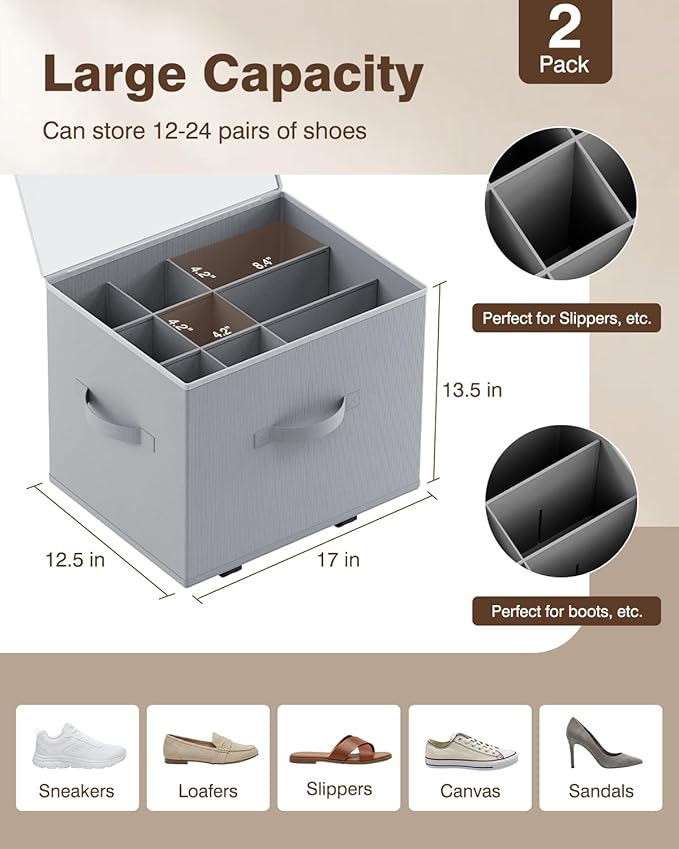 HOUSE AGAIN 2 Pack Shoe Organizer for Closet with Wheels, Shoe Storage Box, Shoe Storage Organizer with Adjustable Dividers and Clear Cover, Space-Saving & Fits up to 12-24 Pairs of Shoes