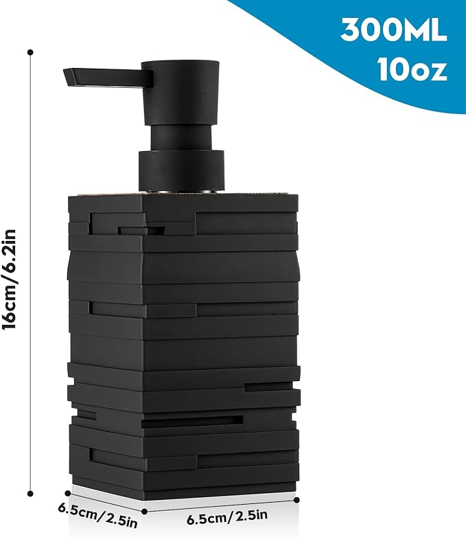 Matte Black Teak Wood Hand Soap Dispenser 10 oz Square for Bathroom and Kitchen Countertops
