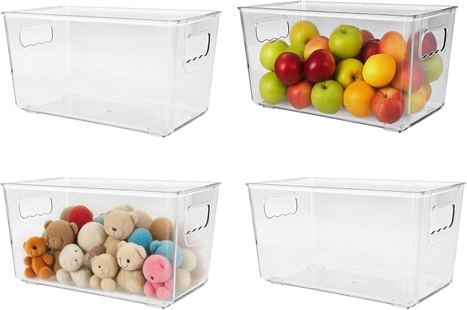 4 Pack Clear Plastic Storage Bins with Handles, Stackable Pantry Fridge Cabinet Under Sink Organizers and Storage, Multi-use Large Home Kitchen Bathroom Organization for Shelf Closet Drawer