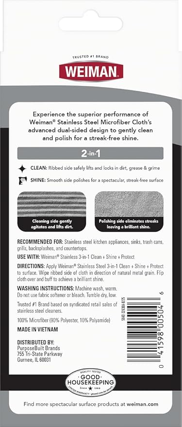 Weiman Microfiber Cloth for Stainless Steel - Safely Traps and Removes Dirt, Oil and Grime to Protect From Scratches 1.40" x 3.56"