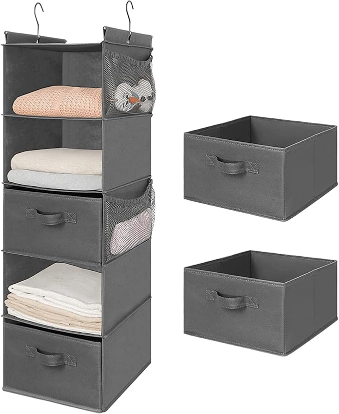 MAX Houser 5 Tier Shelf Hanging Closet Organizer, Cloth Hanging Shelf with 2 Sturdy Hooks for Storage, Foldable (Grey-D2)
