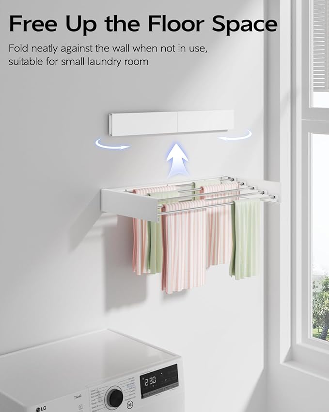 Vikaqi Wall Mounted Clothes Drying Rack 23.6", Foldable Wall Mount Laundry Rack Folding Indoor, Drying Rack Clothing Collapsible, Hidden Space Saver with Wall Template, 5 Rods, White